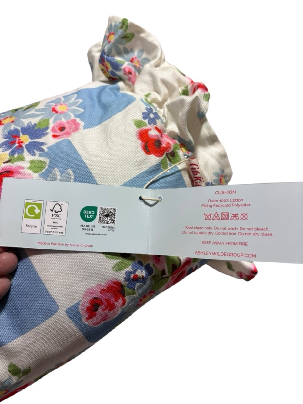 Cath Kidston NWT DAISY ROSE CHECK RUFFLE BLUE bolster pillow 8”x 20” - Picture 6 of 8